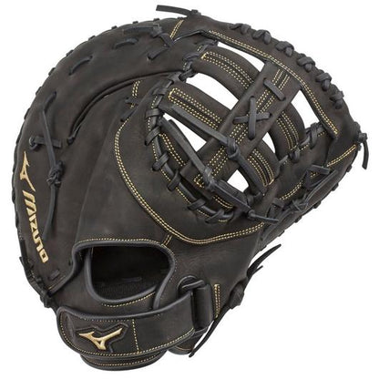 A Mizuno MVP Prime 13" Fastpitch First Base Mitt (GXF50FP) made from Bio Soft Leather, featuring black color with tan stitching and lacing, an open web design, and the Mizuno logo on the wrist strap.