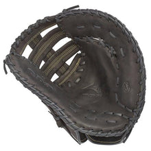 A black Mizuno MVP Prime 13" Fastpitch First Base Mitt (GXF50FP) made of Bio Soft Leather, shown open and facing up to highlight visible stitching, webbing, and the detailed pocket and interior.