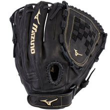 The Mizuno MVP Prime 12" Fastpitch Glove (GMVP1200PF3) is a black softball glove crafted from Bio Soft Leather with gold stitching, a basket web design, and Mizuno logos on the thumb, palm, and wrist strap.