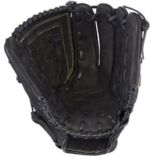 A close-up of an open Mizuno MVP Prime 12" Fastpitch Glove (GMVP1200PF3) highlights its black Bio Soft Leather construction, visible stitching, laces, palm side, and intricate webbing.