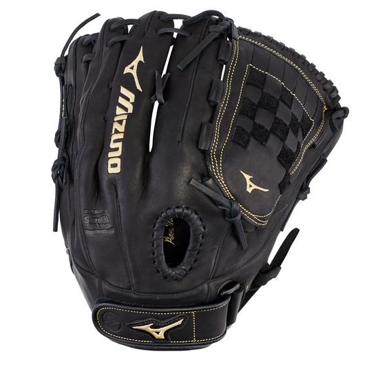 The Mizuno MVP Prime 13" Fastpitch Glove (GMVP1300PF3) features black Bio Soft Leather, tan stitching and logos, woven-style webbing, and an adjustable wrist strap for a secure fit.