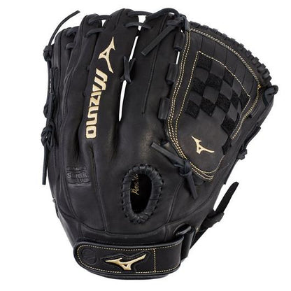 The Mizuno MVP Prime 13" Fastpitch Glove (GMVP1300PF3) features black Bio Soft Leather, tan stitching and logos, woven-style webbing, and an adjustable wrist strap for a secure fit.