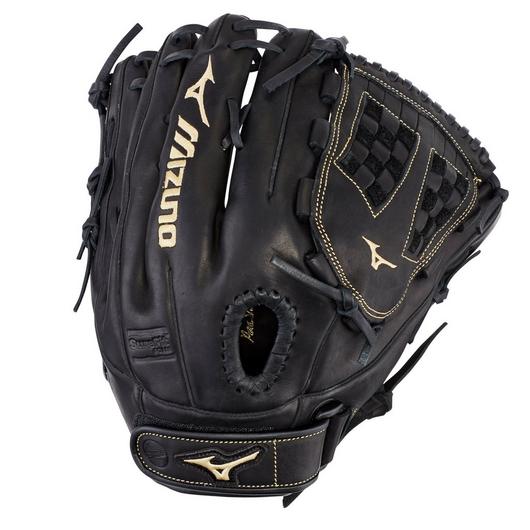 The Mizuno MVP Prime 12.5" Fastpitch Glove (GMVP1250PF3) features black Bio Soft Leather with tan stitching and logos, a woven web design, and an adjustable wrist strap for a secure fit.