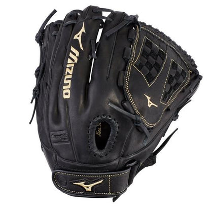 The Mizuno MVP Prime 12.5" Fastpitch Glove (GMVP1250PF3) features black Bio Soft Leather with tan stitching and logos, a woven web design, and an adjustable wrist strap for a secure fit.