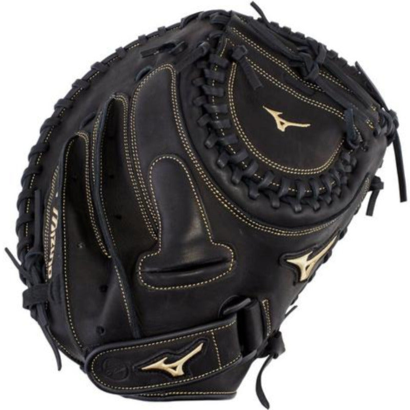 The Mizuno MVP Prime 34" Fastpitch Catcher's Mitt (GXS50PF3) features tan stitching and logos, intricate lacing, a deep pocket, and durable Bio Soft Leather—crafted by Mizuno as the ultimate catcher’s mitt for softball.