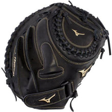 The Mizuno MVP Prime 34" Fastpitch Catcher's Mitt (GXS50PF3) features tan stitching and logos, intricate lacing, a deep pocket, and durable Bio Soft Leather—crafted by Mizuno as the ultimate catcher’s mitt for softball.