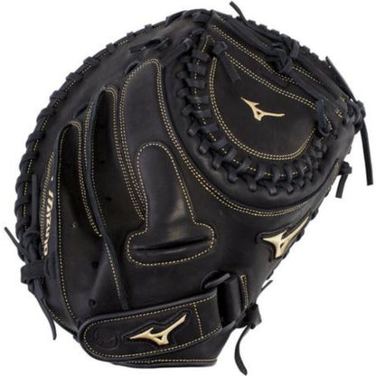 The Mizuno MVP Prime 34" Fastpitch Catcher's Mitt (GXS50PF3) features tan stitching and logos, intricate lacing, a deep pocket, and durable Bio Soft Leather—crafted by Mizuno as the ultimate catcher’s mitt for softball.