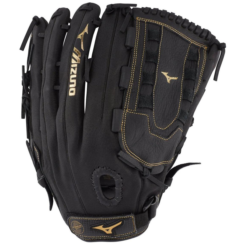 The Mizuno Premier 14" Slowpitch Glove: GPM1405 (312794) is a black full grain leather glove with tan stitching and logos, open web design, and an adjustable strap, crafted by Mizuno for slowpitch softball.