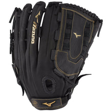 The Mizuno Premier 14" Slowpitch Glove: GPM1405 (312794) is a black full grain leather glove with tan stitching and logos, open web design, and an adjustable strap, crafted by Mizuno for slowpitch softball.