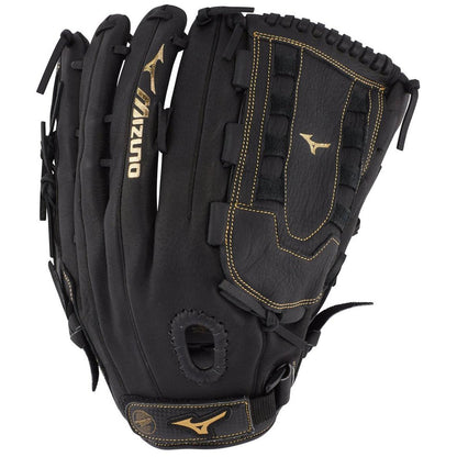 The Mizuno Premier 14" Slowpitch Glove: GPM1405 (312794) is a black full grain leather glove with tan stitching and logos, open web design, and an adjustable strap, crafted by Mizuno for slowpitch softball.