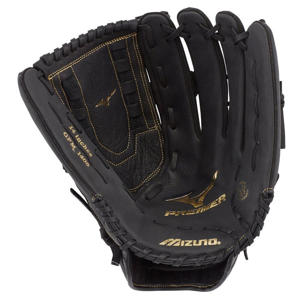 A black Mizuno Premier 14" Slowpitch Glove (GPM1405, 312794) with gold stitching and logos is shown palm-side open. Made from full grain leather, the model number appears on the thumb area.