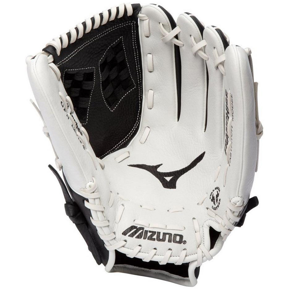 The Mizuno Franchise 12.5" Fastpitch Glove (GFN1251F4 / 312969) features a white and black design, visible stitching, black webbing, the Mizuno logo on the palm, and a full grain leather interior with an open view of the web design.