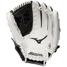 The Mizuno Franchise 12.5" Fastpitch Glove (GFN1251F4 / 312969) features a white and black design, visible stitching, black webbing, the Mizuno logo on the palm, and a full grain leather interior with an open view of the web design.