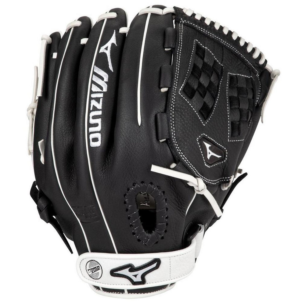 The Mizuno Franchise 12.5" Fastpitch Glove (GFN1251F4 / 312969) is black with white stitching, made from full grain leather, features a woven pocket, and displays the Mizuno logo on the wrist strap and back.