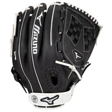 The Mizuno Franchise 12.5" Fastpitch Glove (GFN1251F4 / 312969) is black with white stitching, made from full grain leather, features a woven pocket, and displays the Mizuno logo on the wrist strap and back.