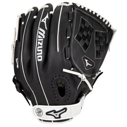 The Mizuno Franchise 12.5" Fastpitch Glove (GFN1251F4 / 312969) is black with white stitching, made from full grain leather, features a woven pocket, and displays the Mizuno logo on the wrist strap and back.