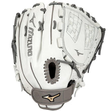 The Mizuno Prime Elite 12.5" Fastpitch Glove (GPE1250F1) is shown in white with gray laces, a basket web, and Mizuno logos on the wrist strap and back. The top view highlights the finger slots and advanced Finger Core technology.
