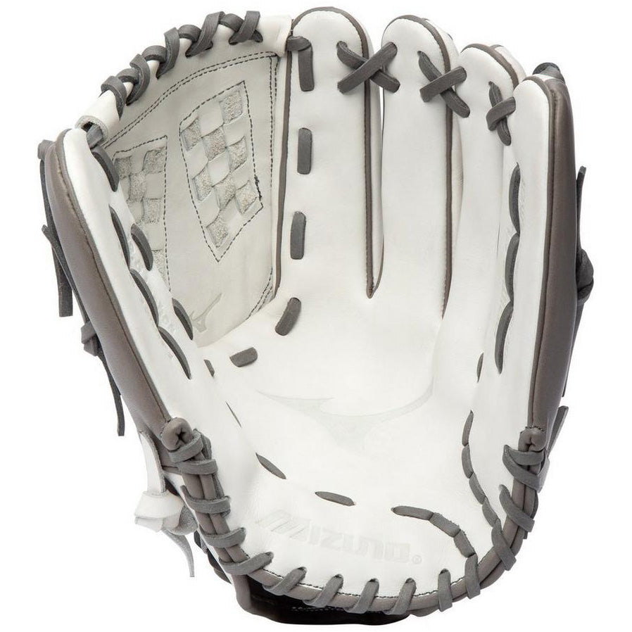 A close-up of the Mizuno Prime Elite 12.5" Fastpitch Glove (GPE1250F1 / 312967) in white with gray laces displays the inside palm, webbing, and a faint Mizuno logo near the thumb, showcasing its Finger Core technology.