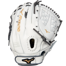 The Mizuno MVP Prime 12.5" Fastpitch Glove (GMVP1250PF4W) features white Bio Soft Leather with black and gold accents, a webbed pocket, and “Mizuno” branding on the thumb and wrist strap, shown against a plain white background.