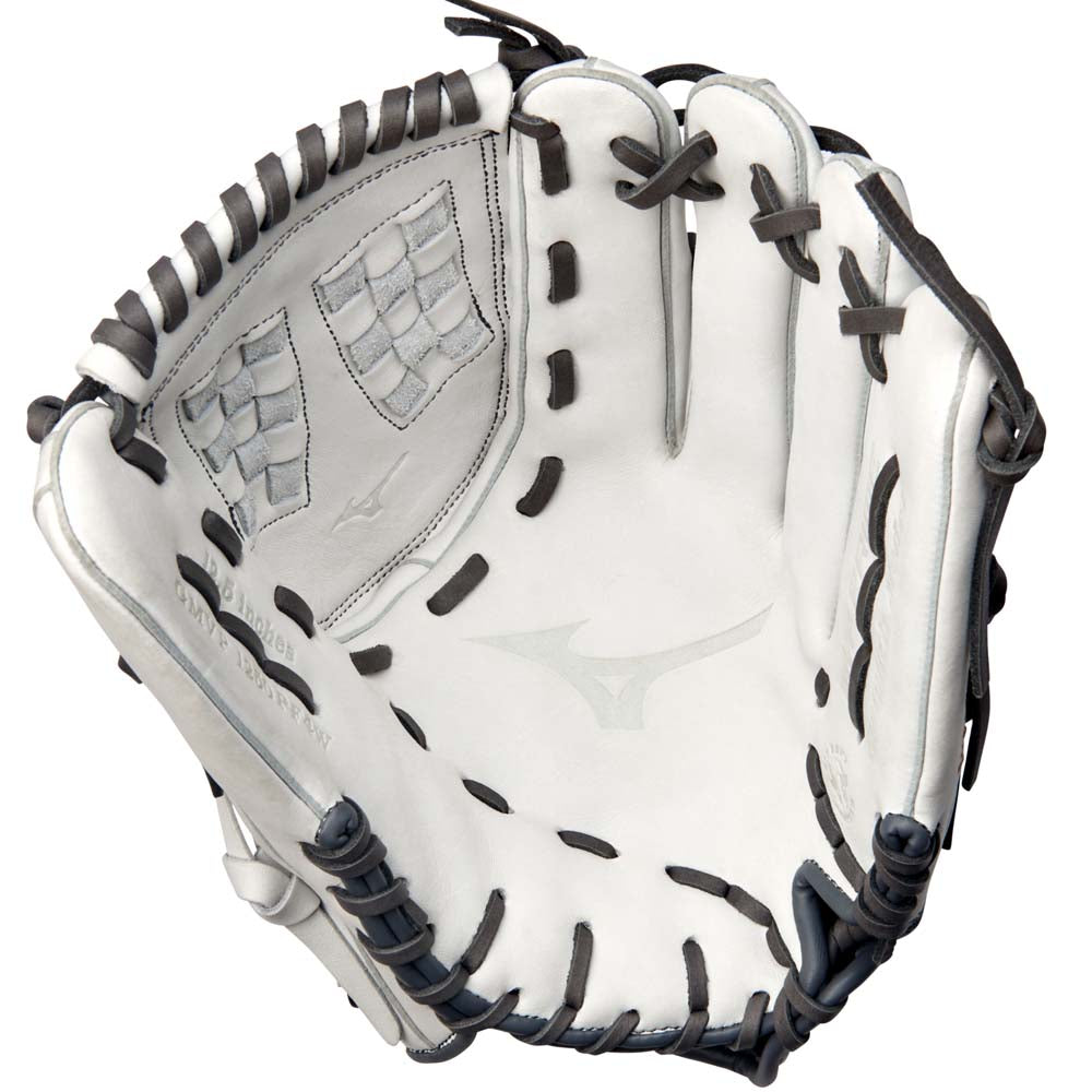 The Mizuno MVP Prime 12.5" Fastpitch Glove (GMVP1250PF4W) features white Bio Soft Leather with black laces, showing the inside palm and webbing, perfect for catching.