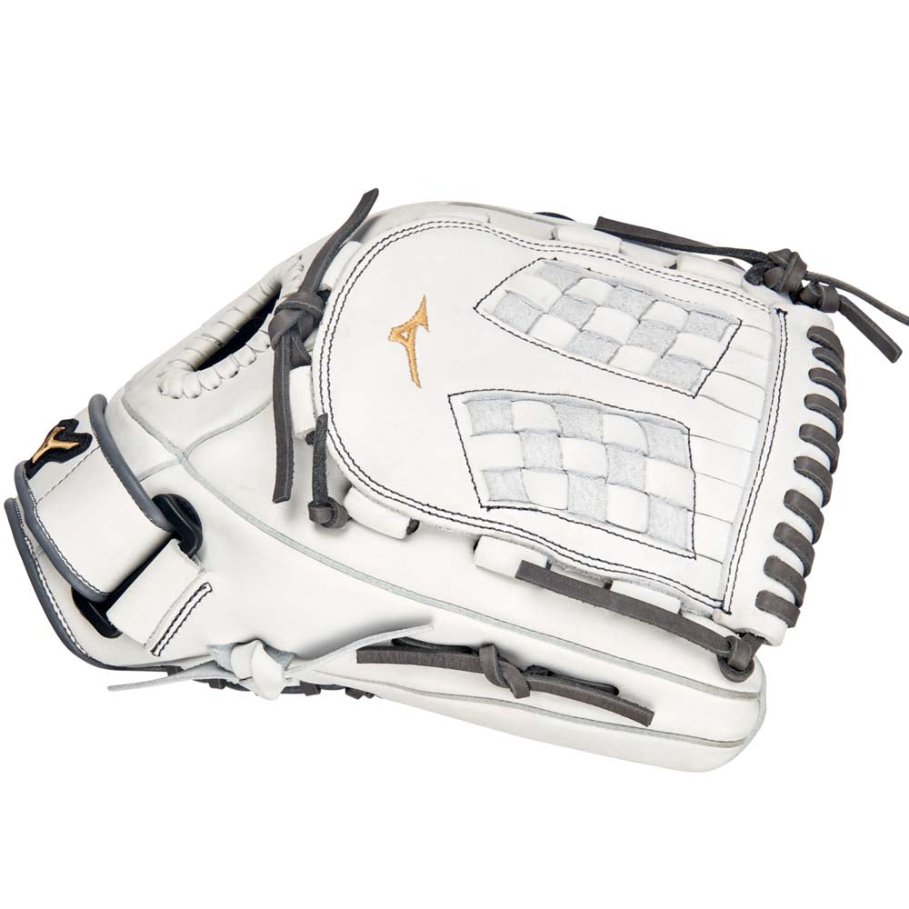 The Mizuno MVP Prime 12.5" Fastpitch Glove (GMVP1250PF4W) features a white and gray design with black laces, a gold Mizuno logo, Bio Soft Leather construction, webbed pocket, and detailed stitching.