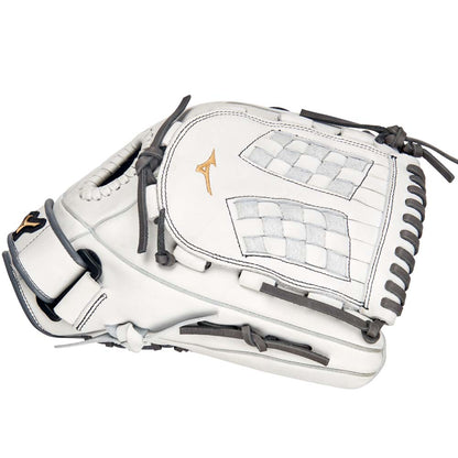The Mizuno MVP Prime 12.5" Fastpitch Glove (GMVP1250PF4W) features a white and gray design with black laces, a gold Mizuno logo, Bio Soft Leather construction, webbed pocket, and detailed stitching.