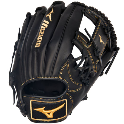 The Mizuno MVP Prime 11.5" Baseball Glove (GMVP1151P4 / 313053) features gold stitching and logos, Bio Soft Leather, an open web design, and an adjustable wrist strap for a comfortable fit.