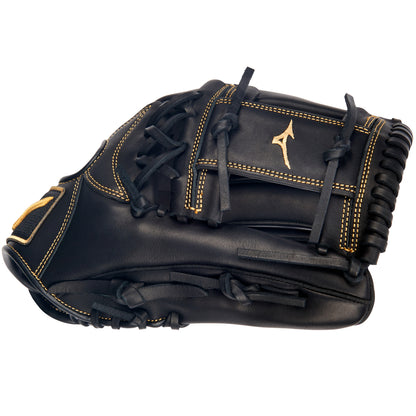 The Mizuno MVP Prime 11.5" Baseball Glove (GMVP1151P4 / 313053) features black Bio Soft Leather, tan stitching, and a gold Mizuno logo on the side, shown from a side view against a white background.