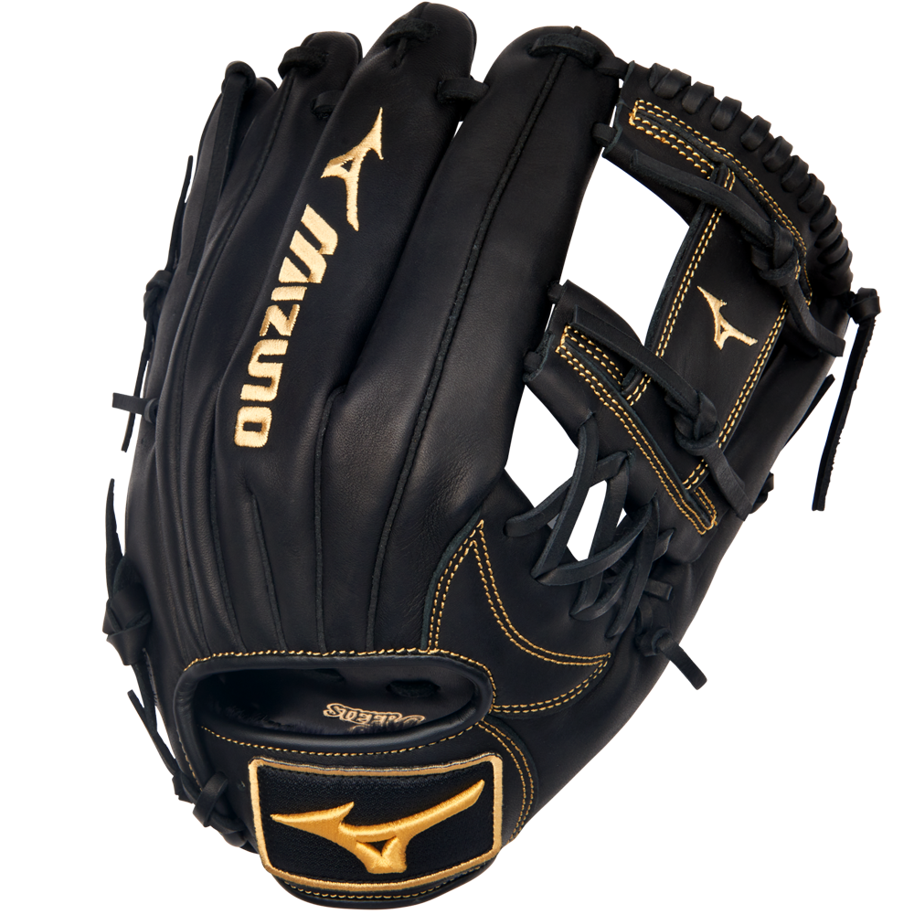 The Mizuno MVP Prime 11.75" Baseball Glove (GMVP1175P4) features a black design with gold stitching, crafted from Bio Soft Leather, open web style, and an adjustable wrist strap.