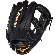 The Mizuno MVP Prime 11.75" Baseball Glove (GMVP1175P4) features a black design with gold stitching, crafted from Bio Soft Leather, open web style, and an adjustable wrist strap.