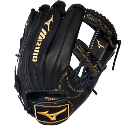 The Mizuno MVP Prime 11.75" Baseball Glove (GMVP1175P4) features a black design with gold stitching, crafted from Bio Soft Leather, open web style, and an adjustable wrist strap.