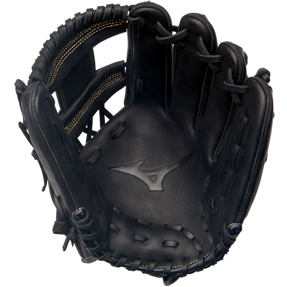 The Mizuno MVP Prime 11.75" Baseball Glove (GMVP1175P4) features black Bio Soft Leather, visible stitching, and an embossed Mizuno logo in the center of the palm, shown from the inside.