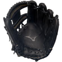The Mizuno MVP Prime 11.75" Baseball Glove (GMVP1175P4) features black Bio Soft Leather, visible stitching, and an embossed Mizuno logo in the center of the palm, shown from the inside.