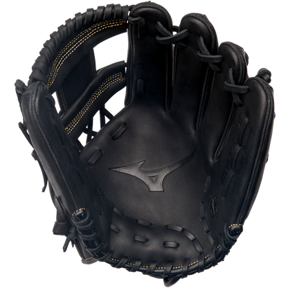 The Mizuno MVP Prime 11.75" Baseball Glove (GMVP1175P4) features black Bio Soft Leather, visible stitching, and an embossed Mizuno logo in the center of the palm, shown from the inside.