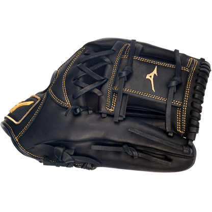 The Mizuno MVP Prime 11.75" Baseball Glove (GMVP1175P4) features black Bio Soft Leather, tan stitching and laces, and a gold Mizuno logo, displayed against a plain white background.