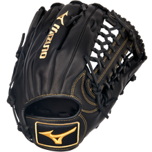 The Mizuno MVP Prime 12.75" Baseball Glove (GMVP1275P4) is a black professional glove with yellow accents, Bio Soft Leather, a woven web design, and an open back wrist opening.