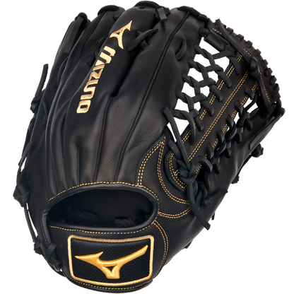 The Mizuno MVP Prime 12.75" Baseball Glove (GMVP1275P4) is a black professional glove with yellow accents, Bio Soft Leather, a woven web design, and an open back wrist opening.