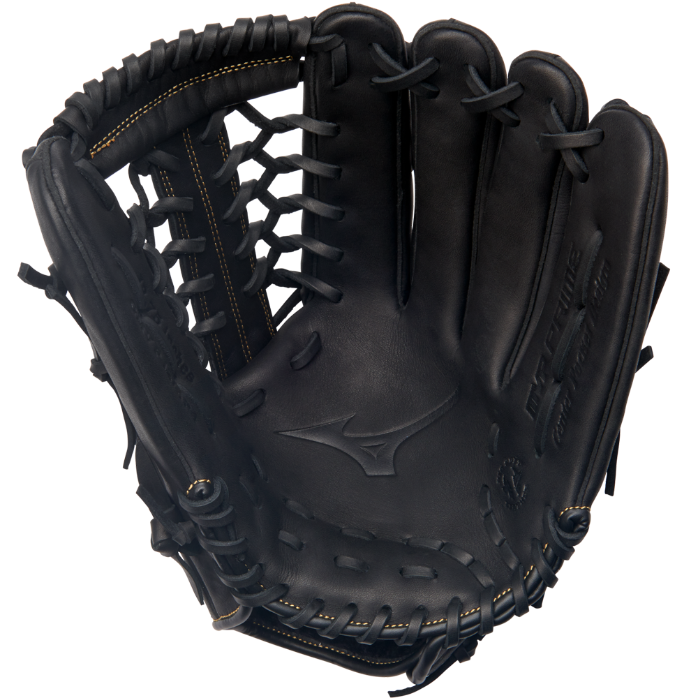 The Mizuno MVP Prime 12.75" Baseball Glove (GMVP1275P4) features visible stitching, a woven web, and an embossed Mizuno logo on the palm, showcasing its professional quality.