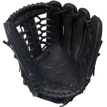 The Mizuno MVP Prime 12.75" Baseball Glove (GMVP1275P4) features visible stitching, a woven web, and an embossed Mizuno logo on the palm, showcasing its professional quality.