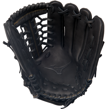 The Mizuno MVP Prime 12.75" Baseball Glove (GMVP1275P4) features visible stitching, a woven web, and an embossed Mizuno logo on the palm, showcasing its professional quality.