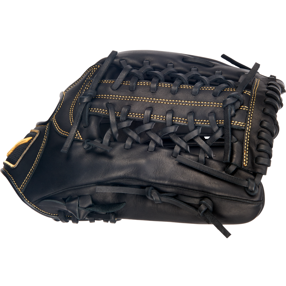 The Mizuno MVP Prime 12.75" Baseball Glove (GMVP1275P4) features Bio Soft Leather in black with tan stitching and laces, shown closed on a white background.