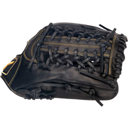 The Mizuno MVP Prime 12.75" Baseball Glove (GMVP1275P4) features Bio Soft Leather in black with tan stitching and laces, shown closed on a white background.
