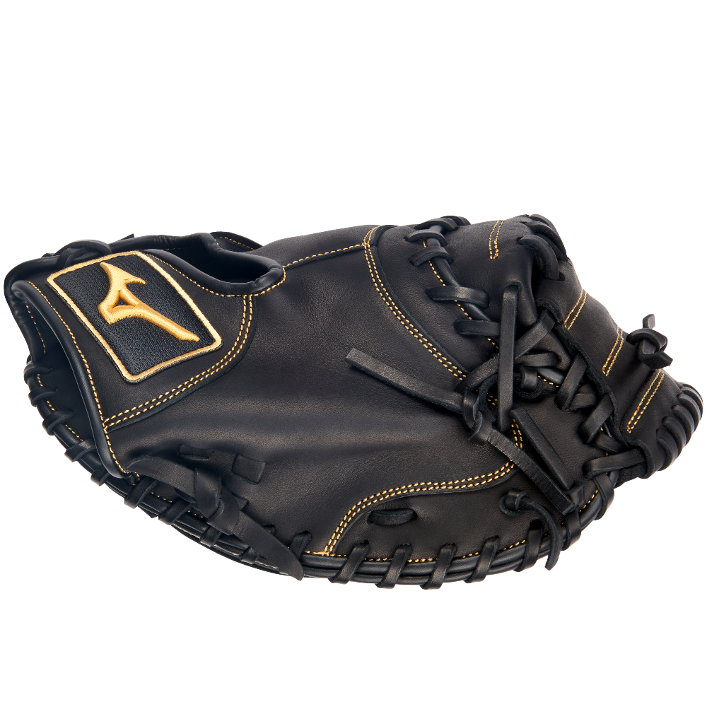 A Mizuno MVP Prime 34" GXC50PB4 catcher's mitt by Mizuno, crafted from Bio Soft Leather in black with tan stitching and a yellow logo patch on the wrist, is displayed against a plain white background.