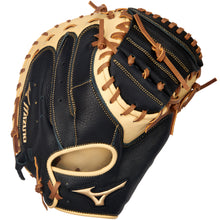 The Mizuno Prospect Select Samurai 33" Baseball Catcher's Mitt (GXC95Y3) by Mizuno is shown from the front in black and tan leather with tan laces, detailed stitching, visible webbing, brand logo, and added thumb protection.