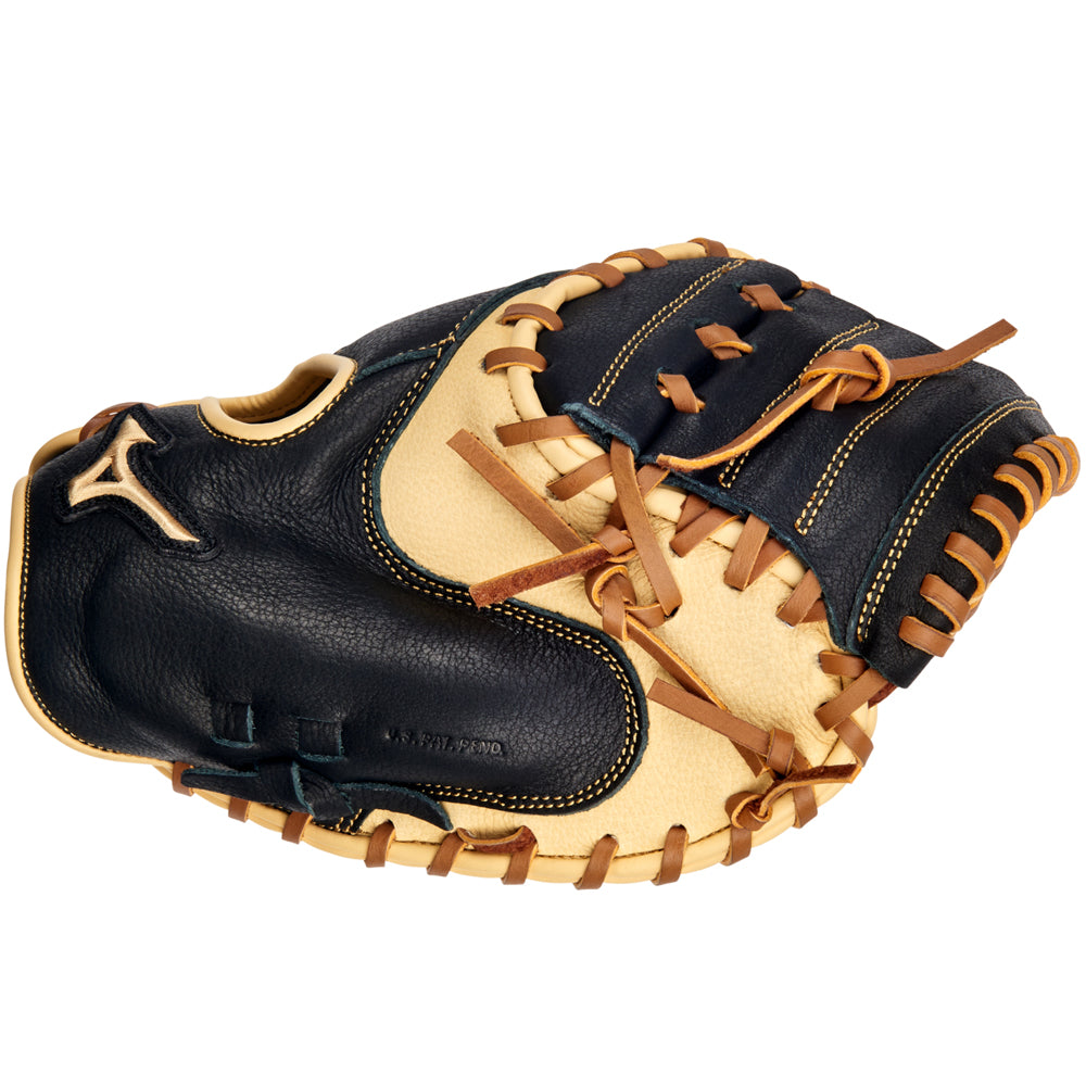 The Mizuno Prospect Select Samurai 33" Youth Catcher's Mitt (GXC95Y3) features black and tan leather, tan laces, detailed stitching, standout webbing, and extra thumb protection for confident play.