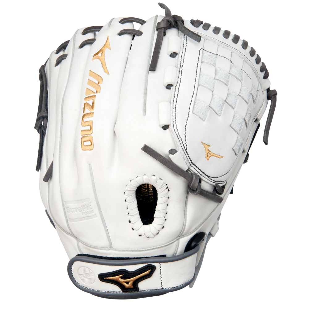 The Mizuno MVP Prime 12" Fastpitch Glove (GMVP1200PF4W) is a white Bio Soft Leather glove with gold and black accents, grey lacing, a woven web, and the Mizuno logo on the wrist strap and webbing.