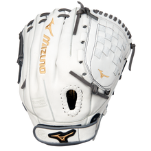 The Mizuno MVP Prime 12" Fastpitch Glove (GMVP1200PF4W) is a white Bio Soft Leather glove with gold and black accents, grey lacing, a woven web, and the Mizuno logo on the wrist strap and webbing.