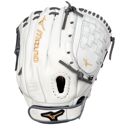 The Mizuno MVP Prime 12" Fastpitch Glove (GMVP1200PF4W) is a white Bio Soft Leather glove with gold and black accents, grey lacing, a woven web, and the Mizuno logo on the wrist strap and webbing.