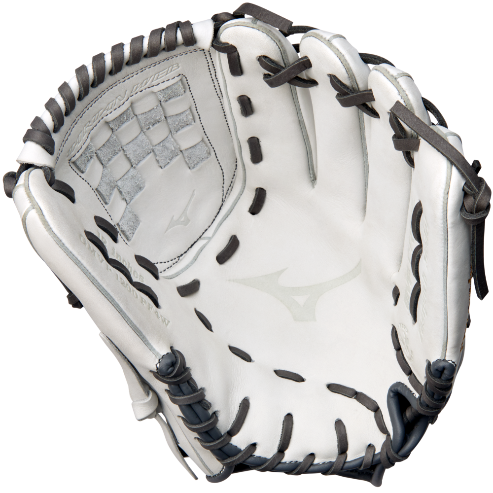 A Mizuno MVP Prime 12" Fastpitch Glove (GMVP1200PF4W) in white and gray with black laces, open to display its Bio Soft Leather palm, webbing, and interior details. The Mizuno logo is visible on the palm.