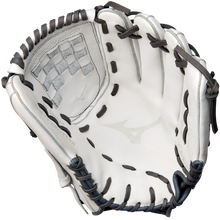 A Mizuno MVP Prime 12" Fastpitch Glove (GMVP1200PF4W) in white and gray with black laces, open to display its Bio Soft Leather palm, webbing, and interior details. The Mizuno logo is visible on the palm.